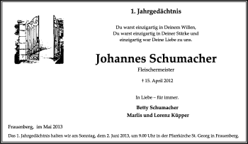 Anzeige von Johannes Schumacher von Kölner Stadt-Anzeiger / Kölnische Rundschau / Express