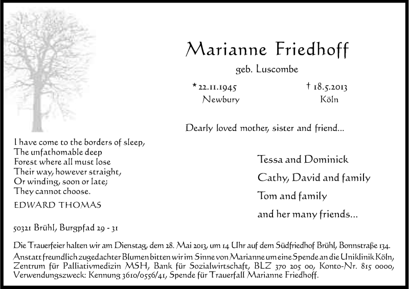  Traueranzeige für Marianne Friedhoff vom 25.05.2013 aus Kölner Stadt-Anzeiger / Kölnische Rundschau / Express