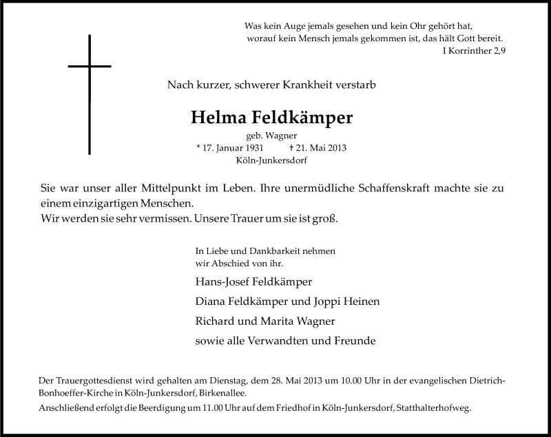  Traueranzeige für Helma Feldkämper vom 25.05.2013 aus Kölner Stadt-Anzeiger / Kölnische Rundschau / Express