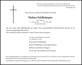 Anzeige von Helma Feldkämper von Kölner Stadt-Anzeiger / Kölnische Rundschau / Express