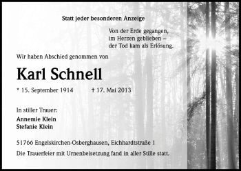 Anzeige von Karl Schnell von Kölner Stadt-Anzeiger / Kölnische Rundschau / Express