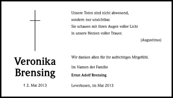 Anzeige von Veronika Brensing von Kölner Stadt-Anzeiger / Kölnische Rundschau / Express