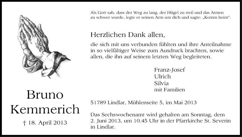  Traueranzeige für Bruno Kemmerich vom 25.05.2013 aus Kölner Stadt-Anzeiger / Kölnische Rundschau / Express