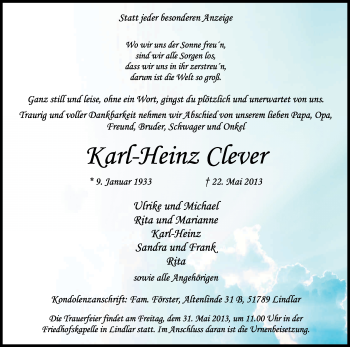 Anzeige von Karl-Heinz Clever von Kölner Stadt-Anzeiger / Kölnische Rundschau / Express