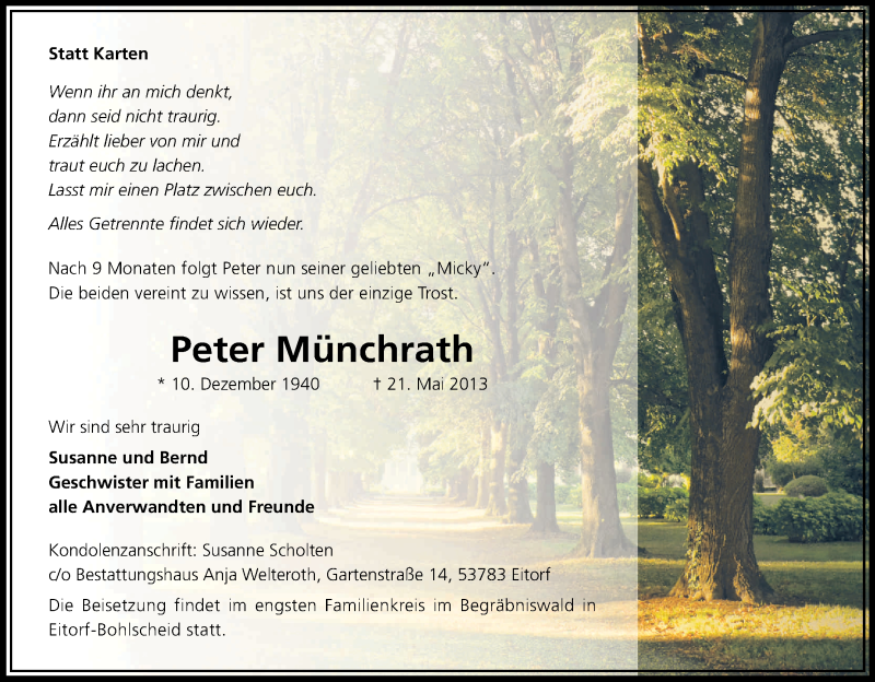  Traueranzeige für Peter Münchrath vom 25.05.2013 aus Kölner Stadt-Anzeiger / Kölnische Rundschau / Express