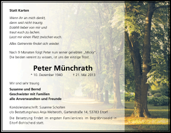 Anzeige von Peter Münchrath von Kölner Stadt-Anzeiger / Kölnische Rundschau / Express
