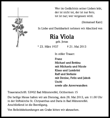 Anzeige von Ria Viola von Kölner Stadt-Anzeiger / Kölnische Rundschau / Express