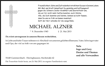 Anzeige von Michael Alzner von Kölner Stadt-Anzeiger / Kölnische Rundschau / Express