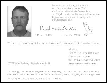 Anzeige von Paul van Koten von Kölner Stadt-Anzeiger / Kölnische Rundschau / Express
