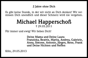 Anzeige von Michael Happerschoß von Kölner Stadt-Anzeiger / Kölnische Rundschau / Express