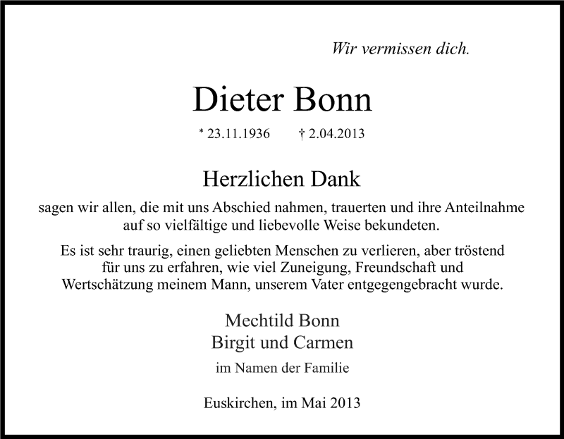  Traueranzeige für Dieter Bonn vom 25.05.2013 aus Kölner Stadt-Anzeiger / Kölnische Rundschau / Express