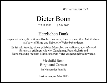 Anzeige von Dieter Bonn von Kölner Stadt-Anzeiger / Kölnische Rundschau / Express