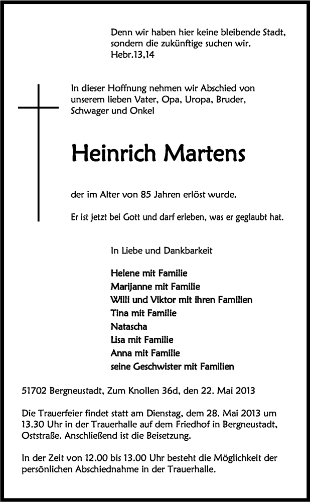  Traueranzeige für Heinrich Martens vom 24.05.2013 aus Kölner Stadt-Anzeiger / Kölnische Rundschau / Express