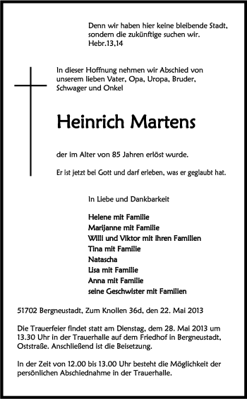 Anzeige von Heinrich Martens von Kölner Stadt-Anzeiger / Kölnische Rundschau / Express