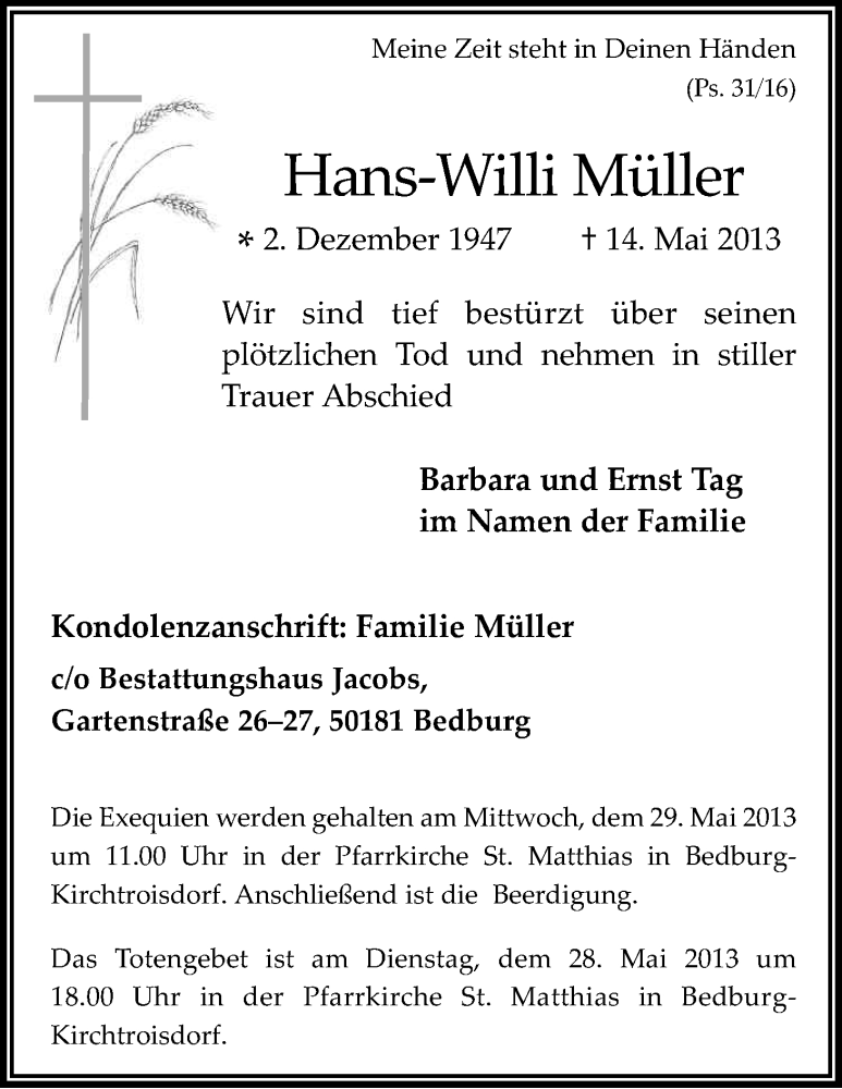  Traueranzeige für Hans-Willi Müller vom 25.05.2013 aus Kölner Stadt-Anzeiger / Kölnische Rundschau / Express