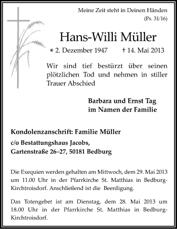 Anzeige von Hans-Willi Müller von Kölner Stadt-Anzeiger / Kölnische Rundschau / Express