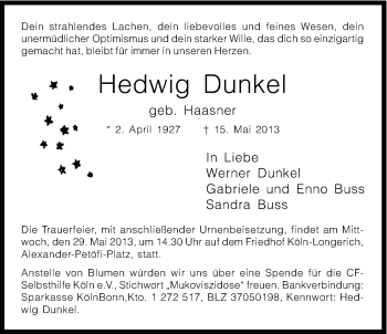 Anzeige von Hedwig Dunkel von Kölner Stadt-Anzeiger / Kölnische Rundschau / Express