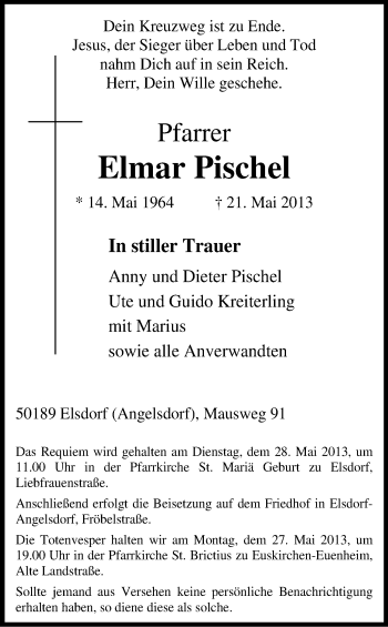 Anzeige von Elmar Pischel von Kölner Stadt-Anzeiger / Kölnische Rundschau / Express