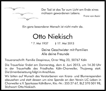 Anzeige von Otto Niekisch von Kölner Stadt-Anzeiger / Kölnische Rundschau / Express