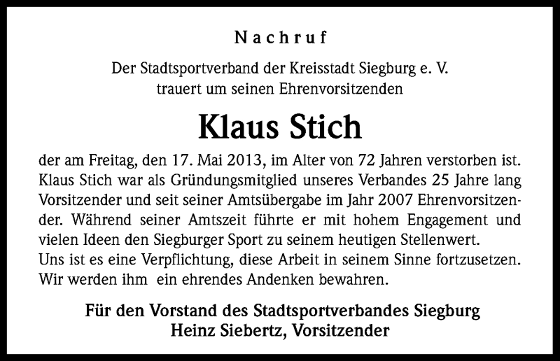  Traueranzeige für Klaus Stich vom 24.05.2013 aus Kölner Stadt-Anzeiger / Kölnische Rundschau / Express