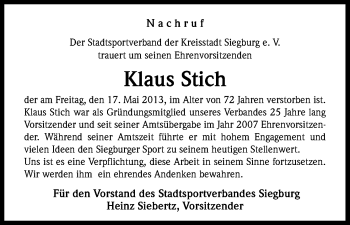 Anzeige von Klaus Stich von Kölner Stadt-Anzeiger / Kölnische Rundschau / Express