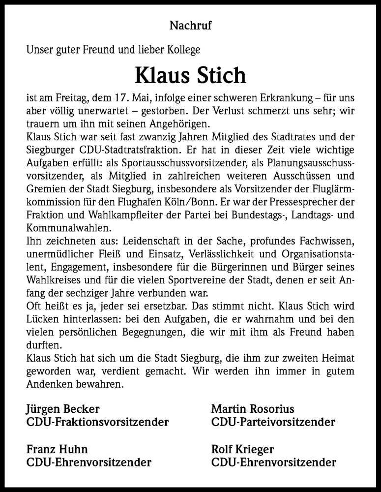  Traueranzeige für Klaus Stich vom 24.05.2013 aus Kölner Stadt-Anzeiger / Kölnische Rundschau / Express