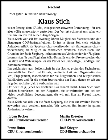 Anzeige von Klaus Stich von Kölner Stadt-Anzeiger / Kölnische Rundschau / Express