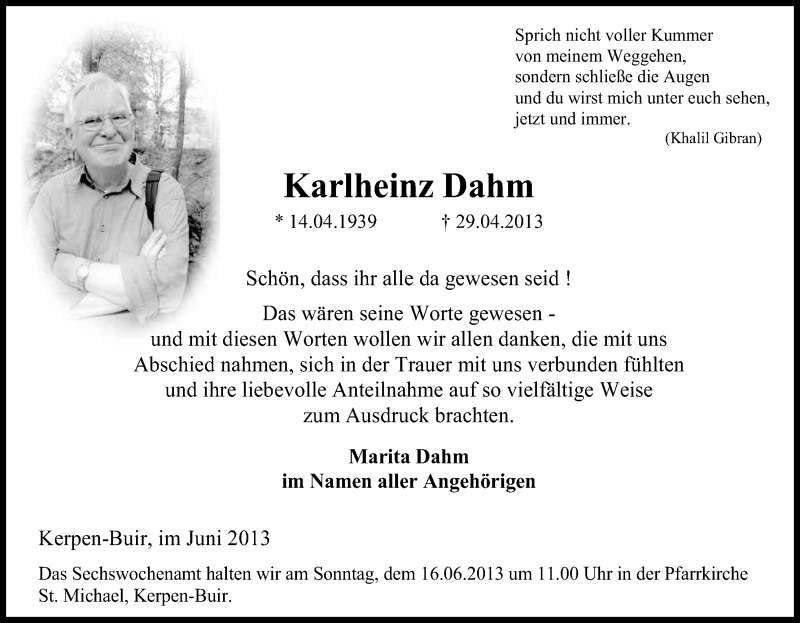 Traueranzeige für Karlheinz Dahm vom 08.06.2013 aus Kölner Stadt-Anzeiger / Kölnische Rundschau / Express
