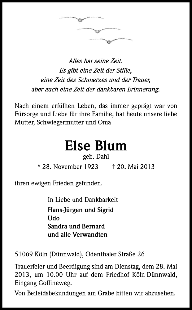  Traueranzeige für Else Blum vom 25.05.2013 aus Kölner Stadt-Anzeiger / Kölnische Rundschau / Express