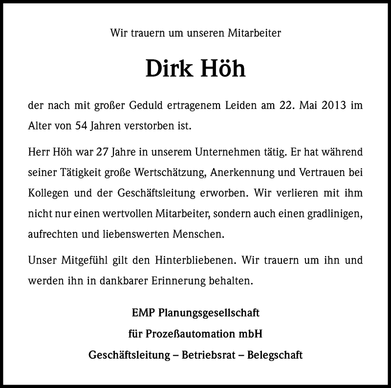  Traueranzeige für Dirk Höh vom 25.05.2013 aus Kölner Stadt-Anzeiger / Kölnische Rundschau / Express