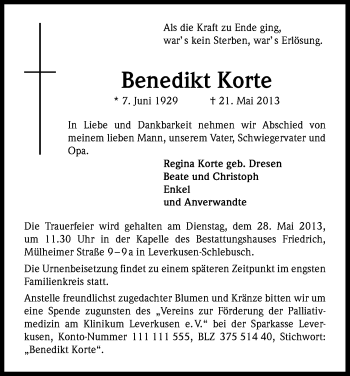 Anzeige von Benedikt Korte von Kölner Stadt-Anzeiger / Kölnische Rundschau / Express