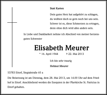 Anzeige von Elisabeth Meurer von Kölner Stadt-Anzeiger / Kölnische Rundschau / Express