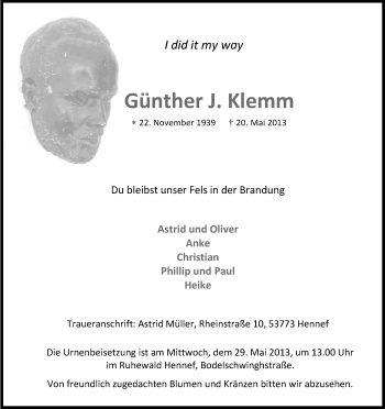Anzeige von Günther Klemm von Kölner Stadt-Anzeiger / Kölnische Rundschau / Express