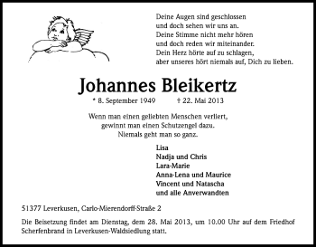 Anzeige von Johannes Bleikertz von Kölner Stadt-Anzeiger / Kölnische Rundschau / Express