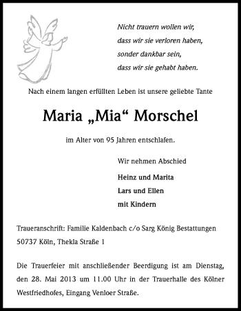Anzeige von Maria Morschel von Kölner Stadt-Anzeiger / Kölnische Rundschau / Express
