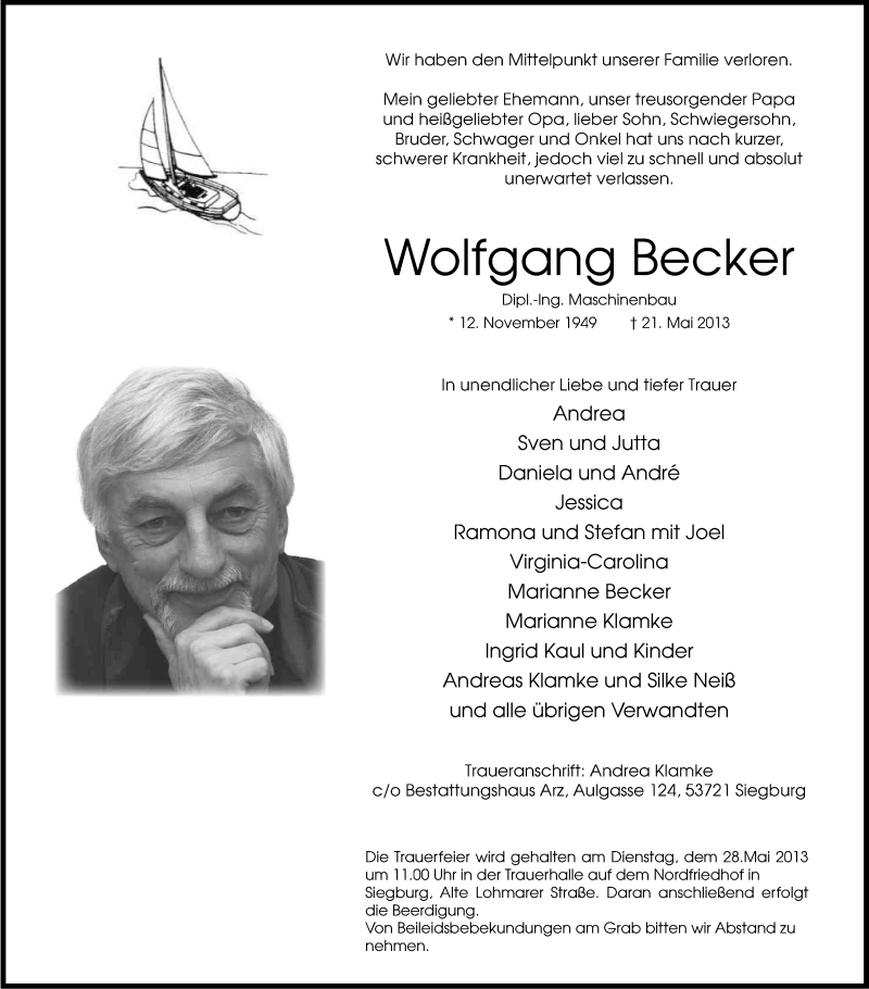  Traueranzeige für Wolfgang Becker vom 25.05.2013 aus Kölner Stadt-Anzeiger / Kölnische Rundschau / Express