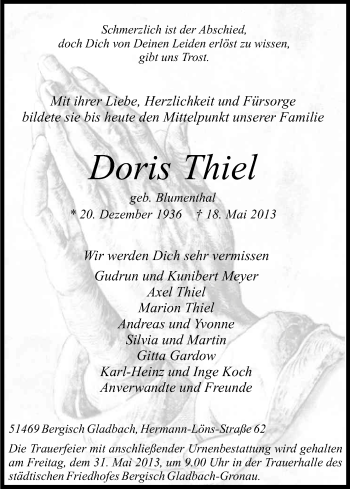 Anzeige von Doris Thiel von Kölner Stadt-Anzeiger / Kölnische Rundschau / Express