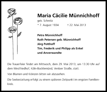 Anzeige von Maria Cäcilie Münnichhoff von Kölner Stadt-Anzeiger / Kölnische Rundschau / Express