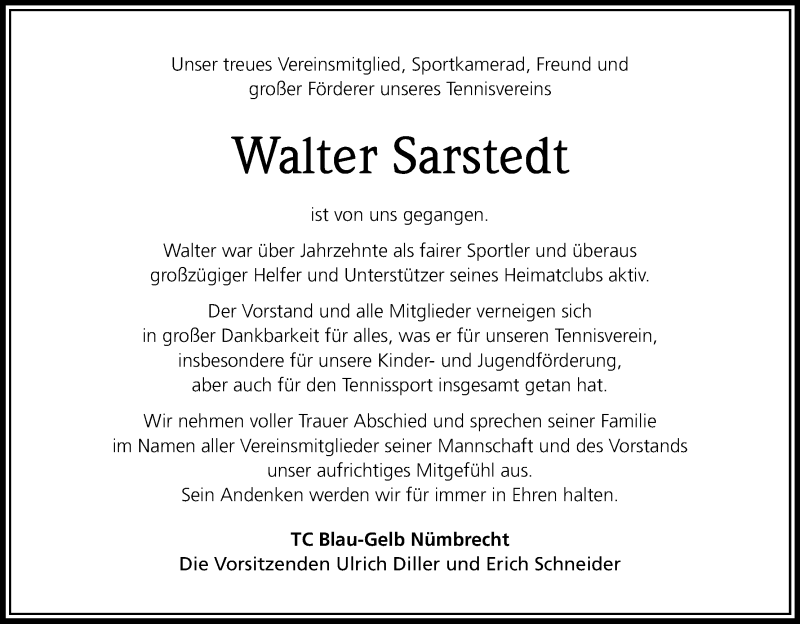  Traueranzeige für Walter Sarstedt vom 27.05.2013 aus Kölner Stadt-Anzeiger / Kölnische Rundschau / Express