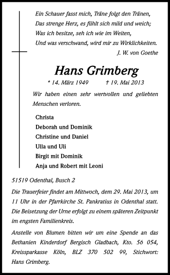 Anzeige von Hans Grimberg von Kölner Stadt-Anzeiger / Kölnische Rundschau / Express
