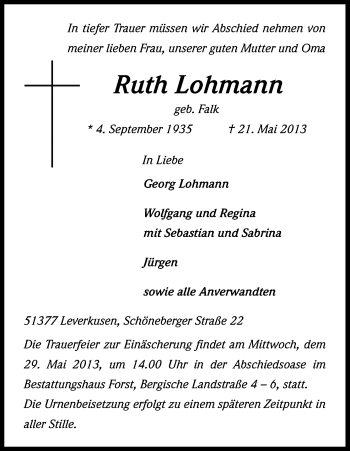 Anzeige von Ruth Lohmann von Kölner Stadt-Anzeiger / Kölnische Rundschau / Express