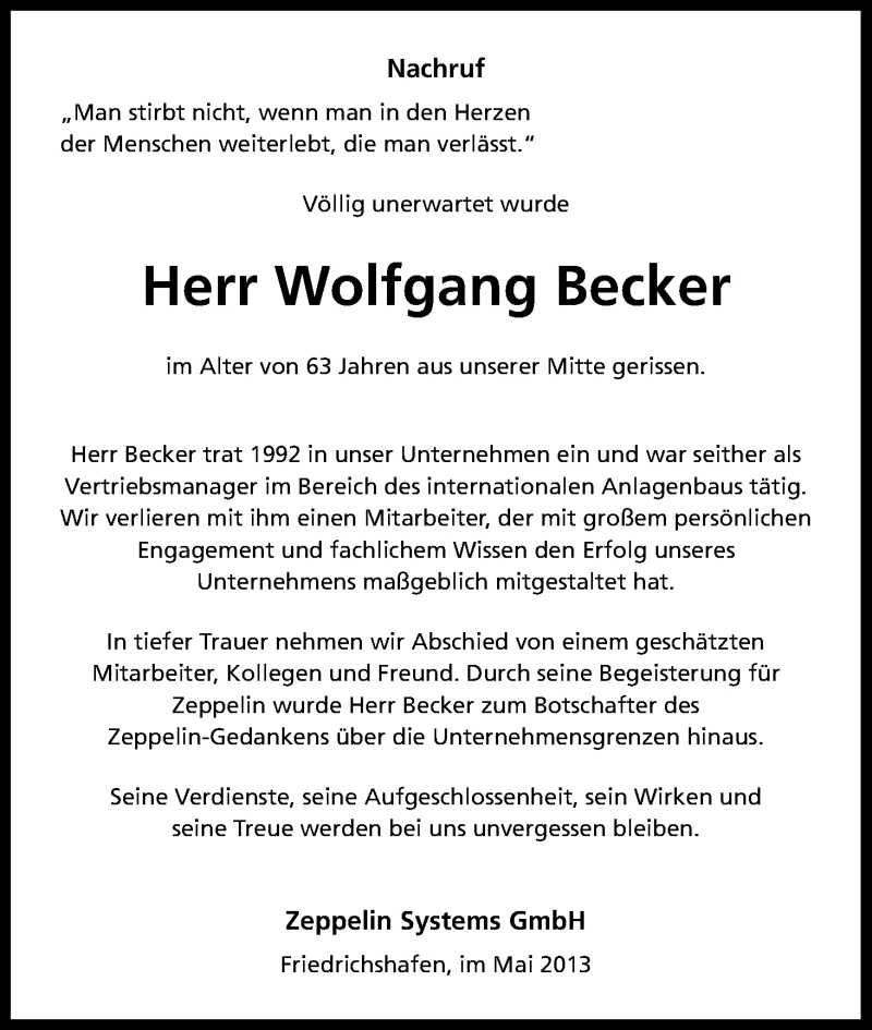  Traueranzeige für Wolfgang Becker vom 25.05.2013 aus Kölner Stadt-Anzeiger / Kölnische Rundschau / Express