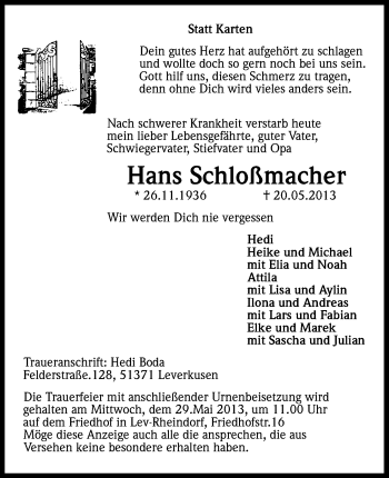 Anzeige von Hans Schloßmacher von Kölner Stadt-Anzeiger / Kölnische Rundschau / Express