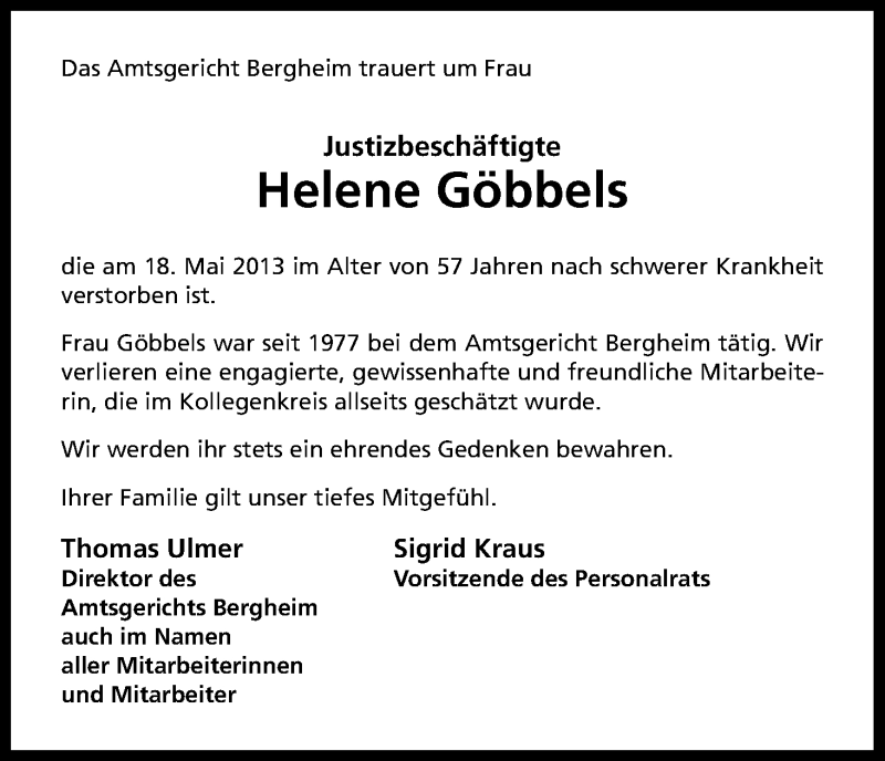  Traueranzeige für Helene Göbbels vom 25.05.2013 aus Kölner Stadt-Anzeiger / Kölnische Rundschau / Express