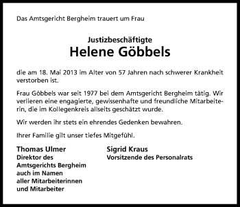 Anzeige von Helene Göbbels von Kölner Stadt-Anzeiger / Kölnische Rundschau / Express