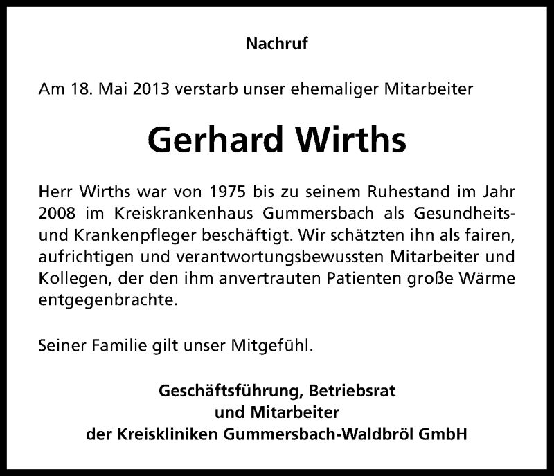  Traueranzeige für Gerhard Wirths vom 25.05.2013 aus Kölner Stadt-Anzeiger / Kölnische Rundschau / Express