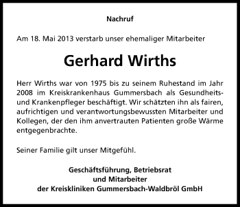 Anzeige von Gerhard Wirths von Kölner Stadt-Anzeiger / Kölnische Rundschau / Express