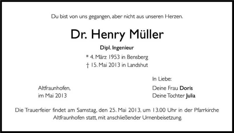  Traueranzeige für Henry Müller vom 25.05.2013 aus Kölner Stadt-Anzeiger / Kölnische Rundschau / Express