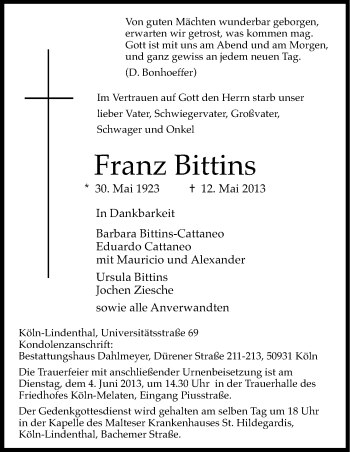 Anzeige von Franz Bittin von Kölner Stadt-Anzeiger / Kölnische Rundschau / Express