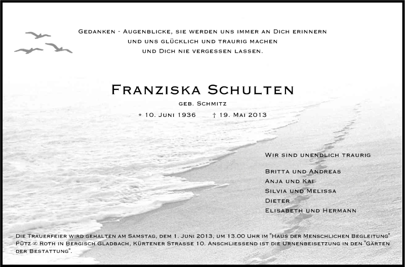  Traueranzeige für Franziska Schulten vom 25.05.2013 aus Kölner Stadt-Anzeiger / Kölnische Rundschau / Express
